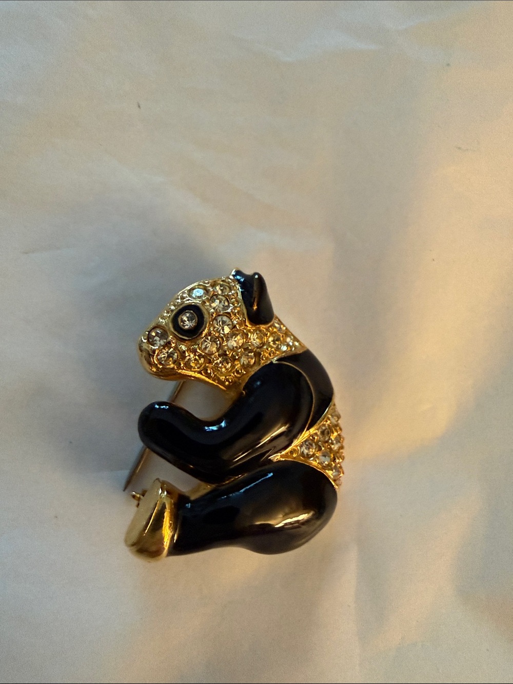 Gold and Black Panda Brooch with Rhinestones